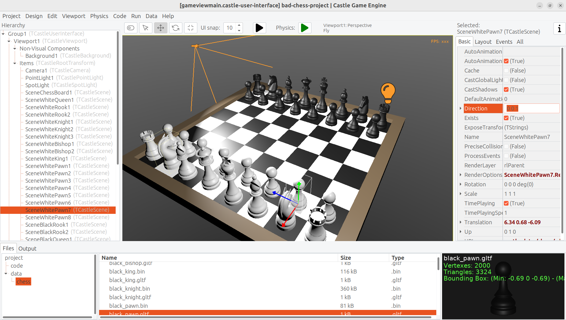 Chessboard with chess pieces designed in the editor