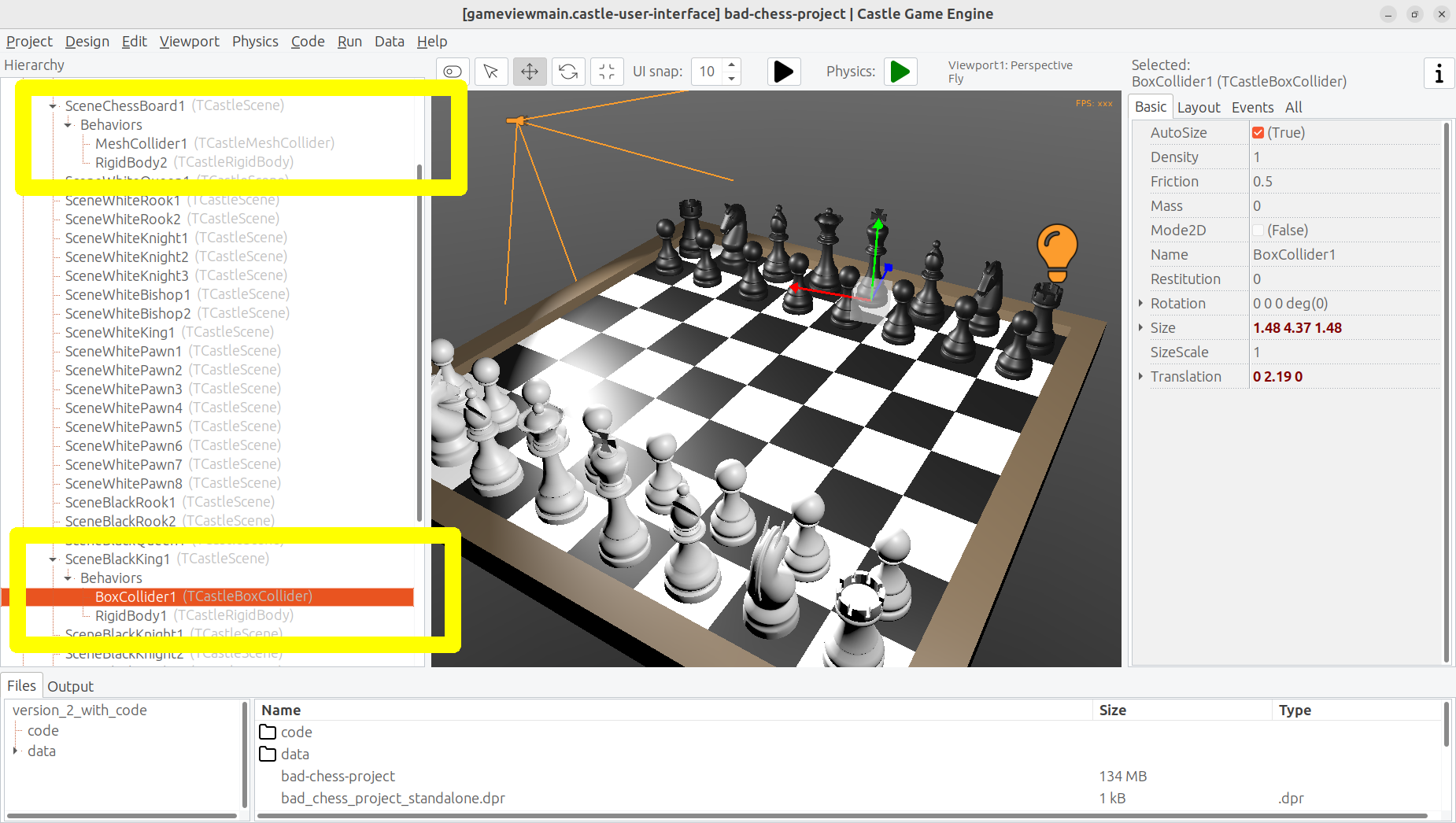 Chess piece with physics components