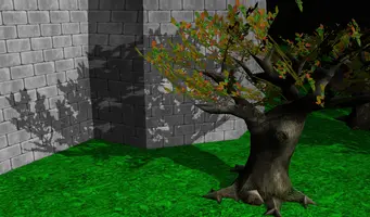 Close up shadows on the tree. Notice that leaves (modeled by alpha-test texture) also cast correct shadows.
