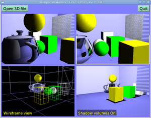 Interactive scene, with shadows and mirors, viewed from various viewports.