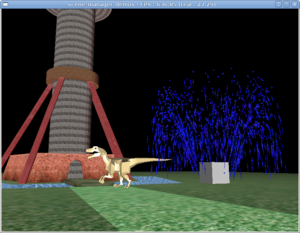 Three 3D objects are rendered here: precalculated dinosaur animation, scripted (could be interactive) fountain animation, and static tower.