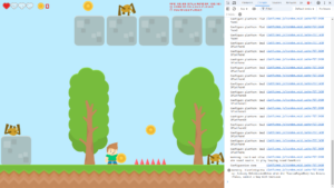 Web demo platformer, fullscreen, with Vivaldi (based on Chromium) console
